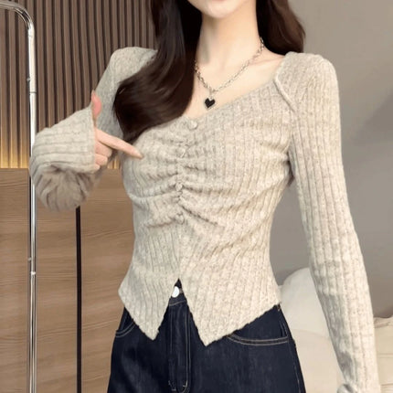 Fashionable Korean Style Solid Color Pleated Slim Fit Long Sleeve Base T-Shirt Women's Autumn New Style V-Neck Top
