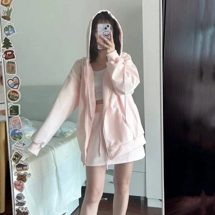 Autumn Winter Thickened Fleece Hooded Sweatshirt Lazy Style Solid Color Open Cardigan Zipper Top Women's Pink Sweatshirt