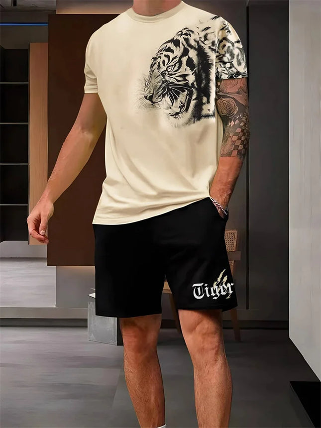 2024 New Crew Neck Short Sleeve T-shirt Fashion Shorts Set 3D Lion Print Short Sleeve Shorts 2-piece Men's Summer Sports Set