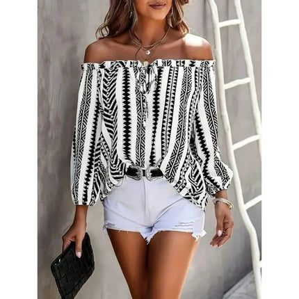 Plus Size 1XL-5XL Women Long Sleeve Sexy Slash Neck Blouse Casual Lacing Up Printed Tops Elegant Female Backless Loose Shirt