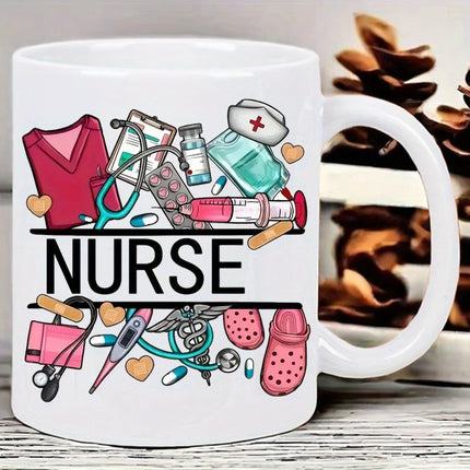 Nurse Themed 11 Ounce Ceramic Coffee Mug - Reusable, Insulated Travel Mug with Medical Illustrations, Hand Wash Only - White