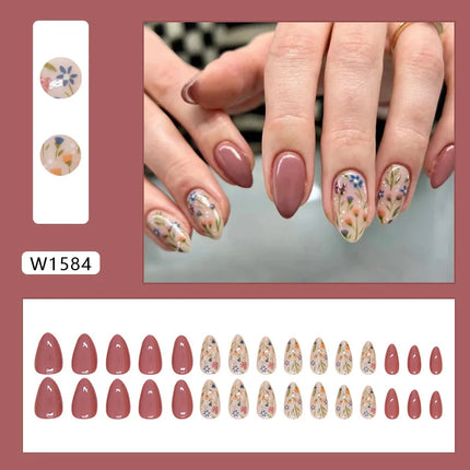 Fresh Flower 24 Pcs Press on Nails Pink Nail polish Glossy Artificial Finger Manicure Reusable False Nails for Women