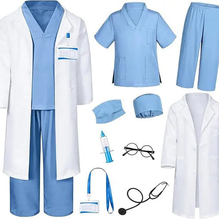 Children Doctor Nurse Cosplay Professional Role-playing Costumes Surgical Gown White Coat with Top Accessories for Boys Girls