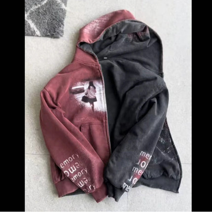 New Double-Sided Hooded Zipper Sweatshirt with Autumn and Winter American Printed Patchwork Cardigan Top and Outerwear Ins