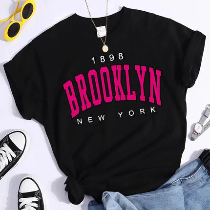 2024 New Summer Women T-Shirt 1898 Brooklyn New York Print Short Sleeve T-Shirts Warm Casual Streetwear Hip Hop Y2k Clothes Tops