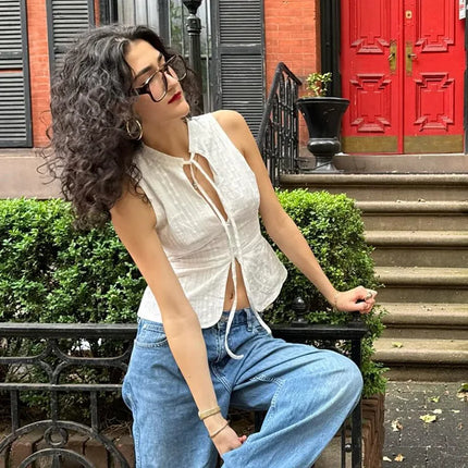 Lamuusaa y2k Tank Top Women Summer Clothes White Flower Embroidery Mock Neck Front Cutout Sleeveless T Shirt Vest Streetwear