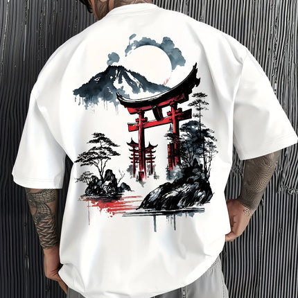 Japanese Ukiyoe Torii Gate&Fuji Mountain Print 100%Cotton Men Woment T-shirt SummerAutumn Daily Sports Casual Loose Short-sleeve