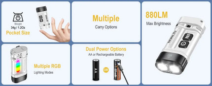 BORUiT U10 880LM EDC LED Flashlight Work Light 14500/AA Battery Torch with Magnet Clip Waterproof Camping Pocket Lantern