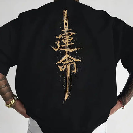 A men's short sleeved T-shirt made of pure cotton with a Japanese samurai sword pattern printed on it, regular style, fashionabl