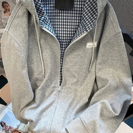 Jmprs Plaid Patchwork Vintage Hoodies Women Loose Preppy Style Gray Sweatshirts Fall Winter Loose Long Sleeve Sweet Korean Tops