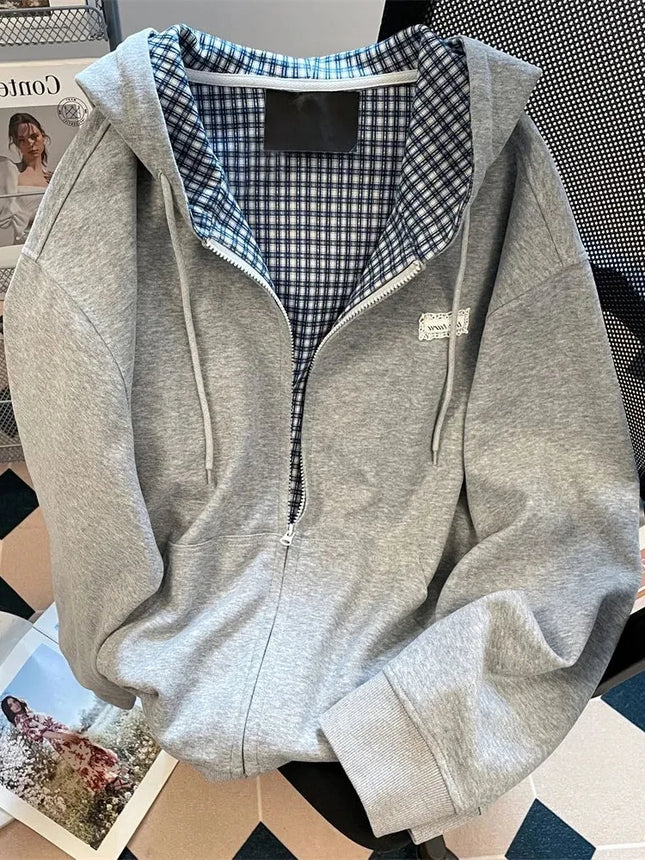 Jmprs Plaid Patchwork Vintage Hoodies Women Loose Preppy Style Gray Sweatshirts Fall Winter Loose Long Sleeve Sweet Korean Tops