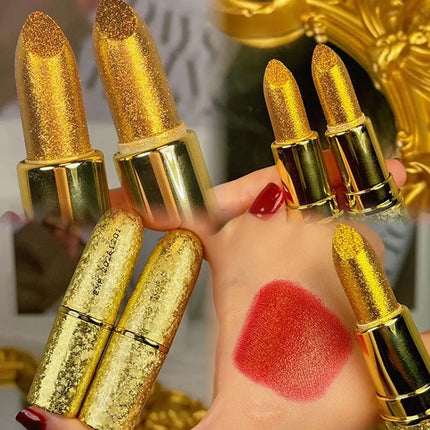 Golden Sparkling Lipstick Moisturizing Glitter Shine, Long Lasting Tomato Red Lip Gloss Makeup Cosmetics