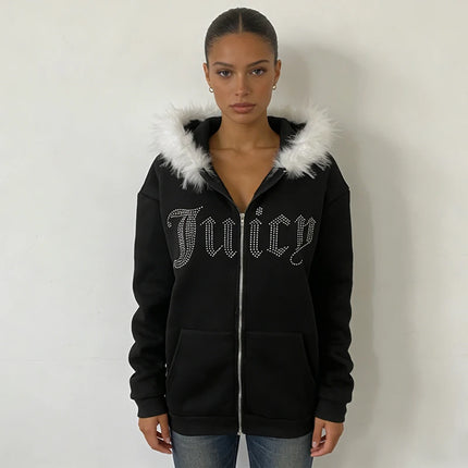 Subculture Y2K new fur collar cardigan sweatshirt zipper jacket European and American letter hot stamping retro sweatshirt jacke