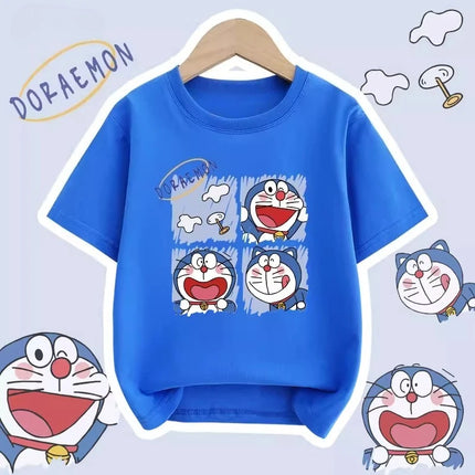 Potdemiel Summer New Doraemon Print Children's Pure Cotton T-Shirt, Boys and Girls Comfortable and Breathable Kids' T-Shirt
