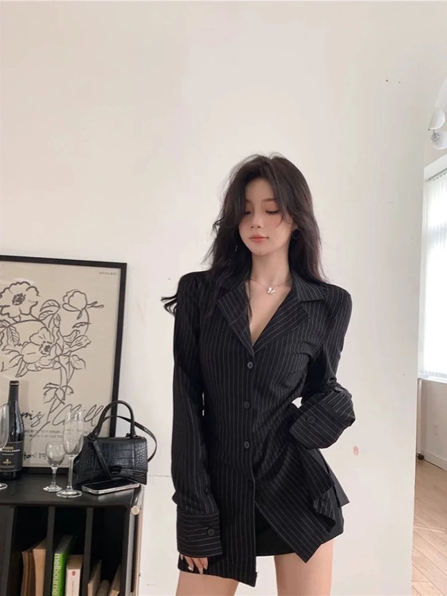 Slim Fit Striped Long Sve irt Women's V Ne Waist Cinched Midi Top Bla White New Arrival Autumn 2024 Commute Sle