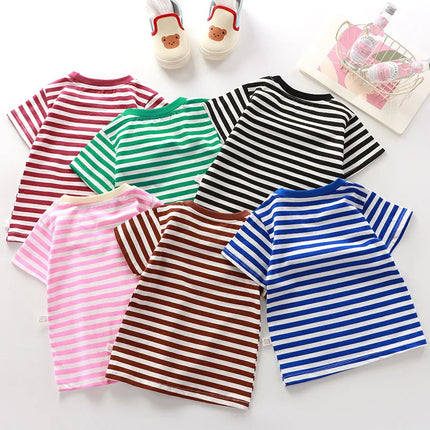 100% Cotton Fashion Baby Tshirt Summer Children's Boys Short-sleeved Stripe T-shirt Kids Boy Girl Top Clothes