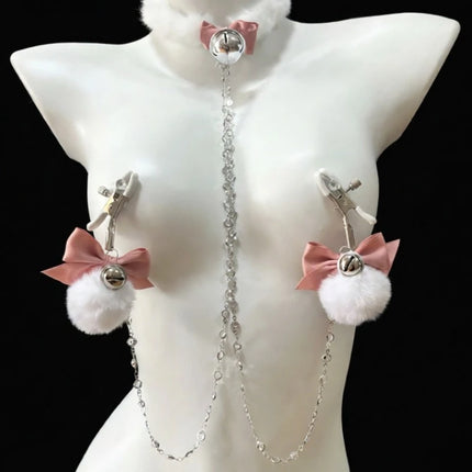 Fuzzy Bow Nipple Clips Bell Collar and Body Chain Pink Breast Restraints BDSM Training Sexy Accessories for Women Adult Sex Toys