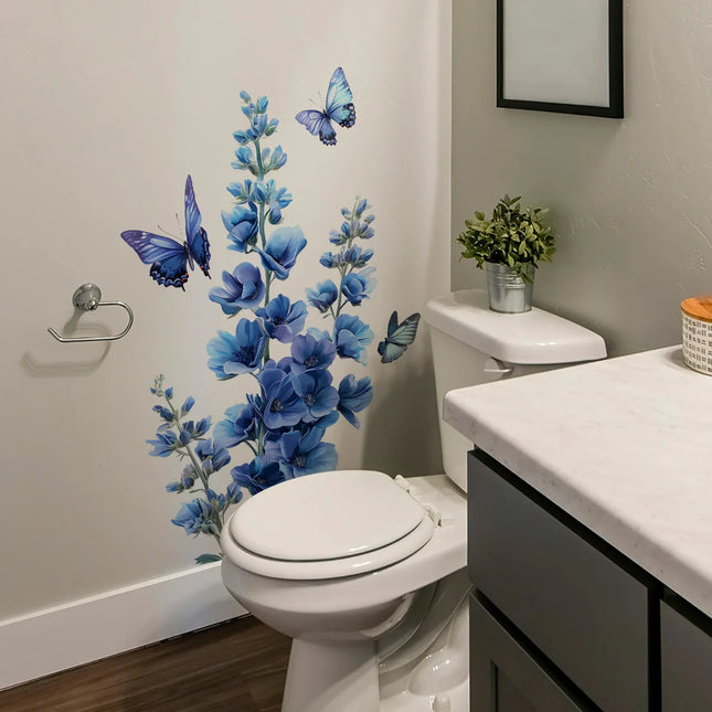 1Pc Romantic Blue Flower Butterfly Wall Sticker Living Room Bedroom Decor Home Wall Decor Self-adhesive Stickers Room Decoration