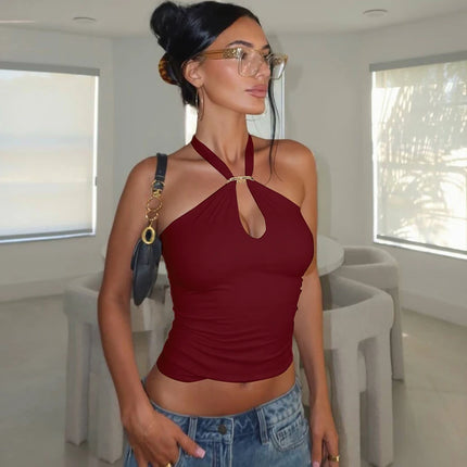 Hugcitar Women's Fashion Halter Solid Loop Backless Bandage Sexy Crop Tank Top 2025 Summer Casual Clothes Streetwear Vacation Club