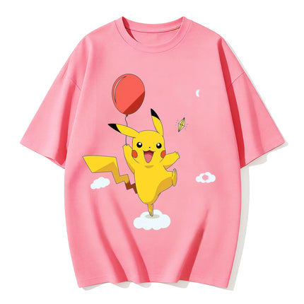 2026 New Cute Pikachu Balloon Print T Shirt Unisex Loose Casual Tee Men Women Kids Family Matching Short Sleeve Tops Streetwear