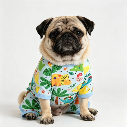 Cartoon Dinosaur Palm Leaf Print Dog Four Legged Pajamas Soft Cotton Pet Jumpsuit Breathable Medium Large Dog Loungewear