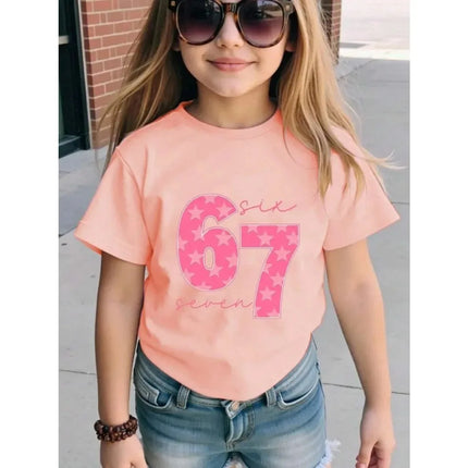 Children's 67 Christmas Elf Print Girls Short Sleeve Round Neck Tee Parties Casual Wear Comfort Children Clothes Girl Clothing
