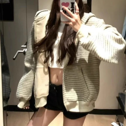Matakawa Stripes Hooides Women Tops Zipper Autumn Winter Y2k Sweatshirts Korean Fashion Loose Hooded Retro Sudaderas Mujer