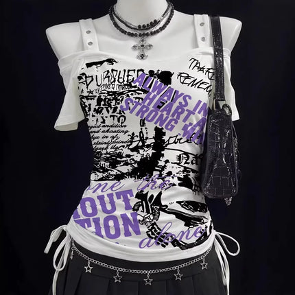 Y2K Japanese Streetwear Polo Shirt Women Slim Crop Tee 2025 White Short Sleeve Tops Letter Badge Houndstooth Vintage Harajuku