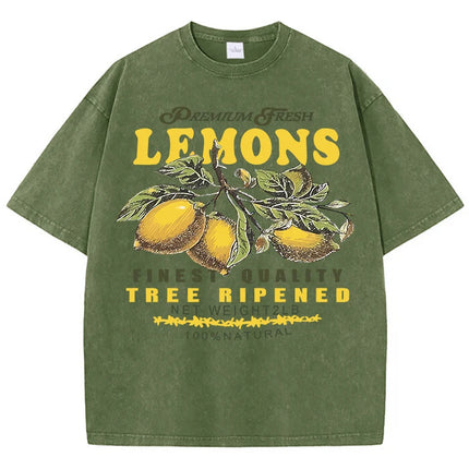 Premium Fresh Lemons Fruit Print Women Washed T-Shirts Y2K Comfortable Short Sleeve Loose All-Match T-Shirt Cotton Hip Hop Top