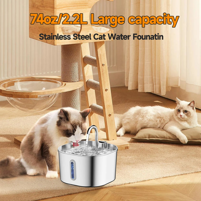 2.2L Stainless Steel Cat Water Fountain,Pet Water Dispenser With Filter,Dog Drinking Fountain For Cats,Ultra Quiet Water Pump