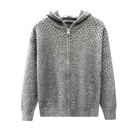 Men's Full Zip Hooded Knit Jacket Casual Hollow Out Mesh Zip Up Sweater Lightweight Summer Hoodie with Ribbed Cuffs