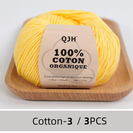 3PCS 100% Organic Cotton Yarn Machine Washable For Adult Baby Sweaters/Gloves/Scarves/Hats Etc. 50 gr (1.76 oz) 125 m (136 yrd)