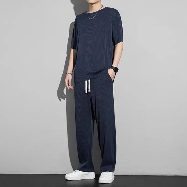 Men's Wrinkled Ice Silk Sports Set 2026 Summer New Short sleeved Long Pants Two piece Set Fashionable Breathable and Cool
