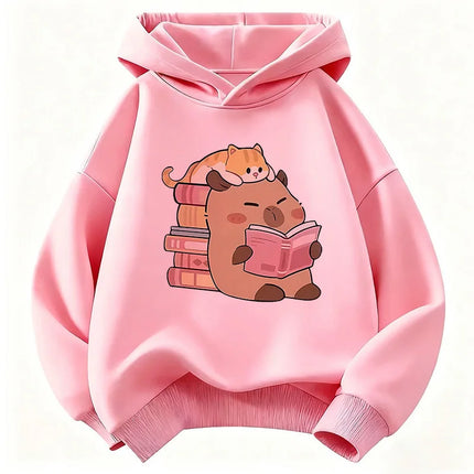 Cute Cat with Capybara Reading Book Hoodies Children's Sweatshirt Hoody for Boys Girls Spring  Casual Hoodie