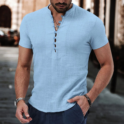 Summer new style men's solid-color retro casual short-sleeved shirt, comfortable and breathable men's short-sleeved top