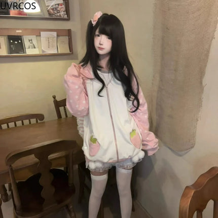 Japanese Kawaii Lolita Zipper Hoodies Women Sweet Pink Stripe Rabbit Ears Hooded Coats Grunge Hoody Y2k Strawberry Sweatshirts