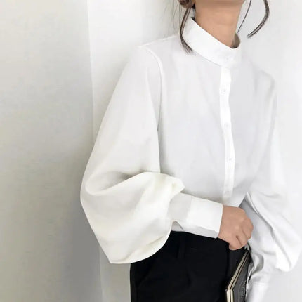 Spring Fashion Women Solid Stand Collar Casual Elegant Fashion Women's Top Clothing Blouse Shirt Lantern Long Sleeve Women's Shirts
