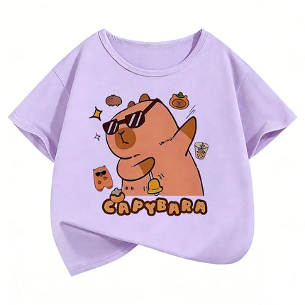 Summer Spring Cute Capybara Print Round Neck Short Sleeved Tee Shirt for Boys and Girls Fashionable Simple Children's T-shirt