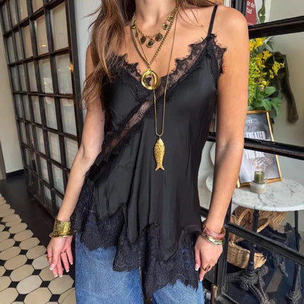 Women Lace Trim Satin Tank Top Sexy Solid V Neck Silk Camisole Top Summer Fashion Asymmetrical Backless Spaghetti Strap Camisole