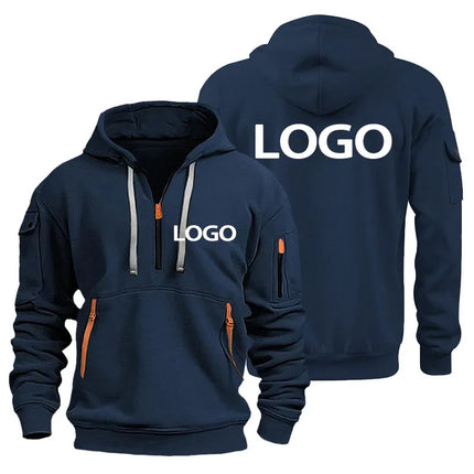New European Men's Sports Sweater with Zipper and Arm Pockets, Customize Your Logo, Hooded Sweater Cover And