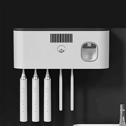 Wall-mounted Smart Toothbrush Sterilizer with 5 Slots, Integrated Toothpaste Dispenser, Bathroom Storage Rack and Organizer, Hom