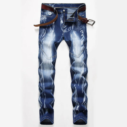 Men's Blue Stretch Jeans, Washed and Bleached Straight-leg Denim Pants, Asian Sizes 28–42. New 2026