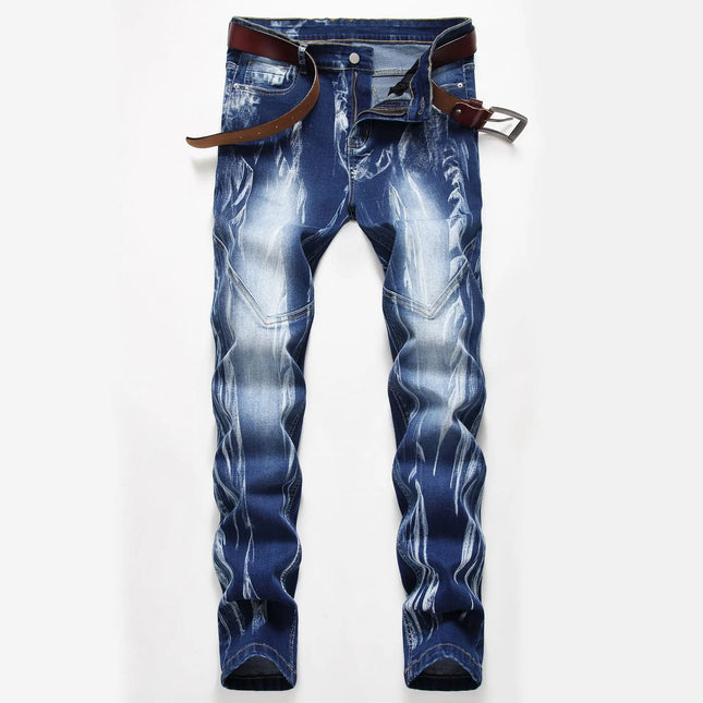 Men's Blue Stretch Jeans, Washed and Bleached Straight-leg Denim Pants, Asian Sizes 28–42. New 2026