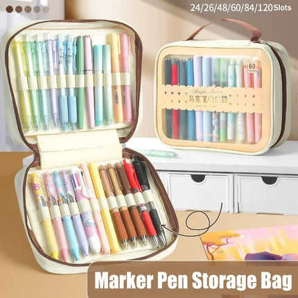 24/36/48/60/84/120Slots Marker Pen Storage Bag Large Capacity Zipper Closure Pencil Bag Detachable Markers Case Drawing Tools