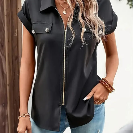 Plus Size 1XL-5XL Women's Black Zip-Up Blouse Button Lapel  Blouse Shirt Ladies Casual Short Sleeve Elegant Solid Color Shirt