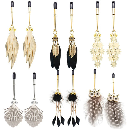 1 Pair Feather Metal Bells Nipple Clamps SM Nipple Ring Flirting Teasing Sex toys Bondage Kit Slave Bdsm Girl Exotic Accessories