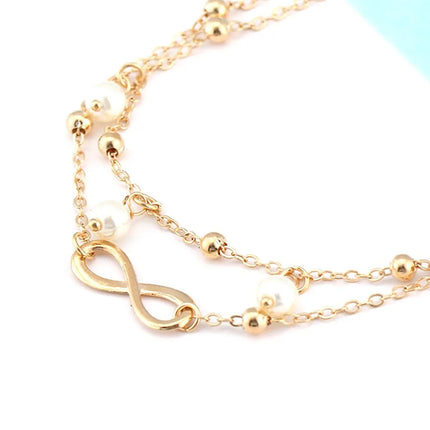 Trendy Gold Color Simple Infinity Symbol Bead Chain Anklets for Women Beach Foot Jewelry Leg Chain 8 Word Ankle Bracelets Jewelr