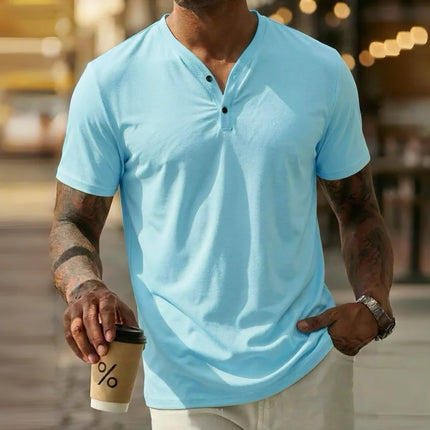 Men's solid color V-neck Henley short-sleeved T-shirt, casual button-down placket, everyday commuting base layer.