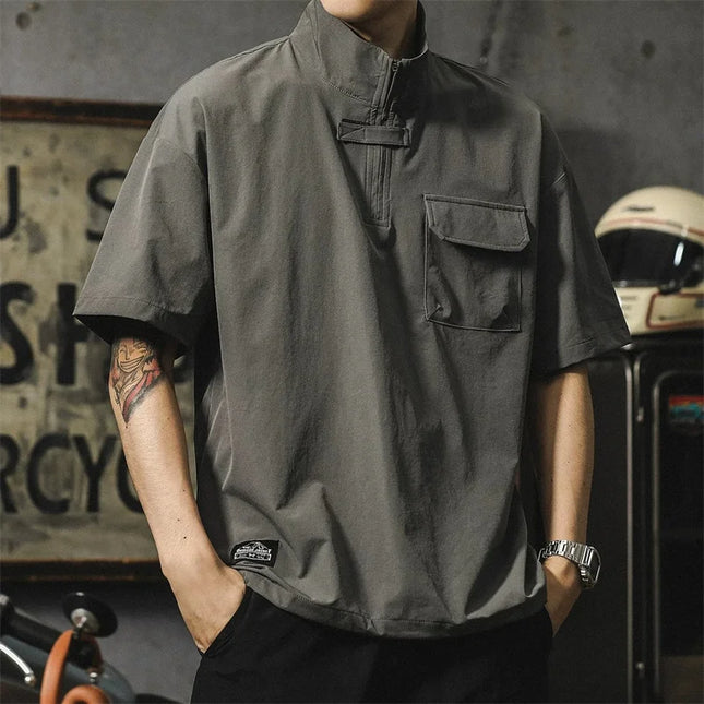 Summer Men's Casual Half-zip Short Sleeve Polo Shirts High Street Fashion Pocket Polos T-shirt Y2K Vintage Oversized Tee Tops