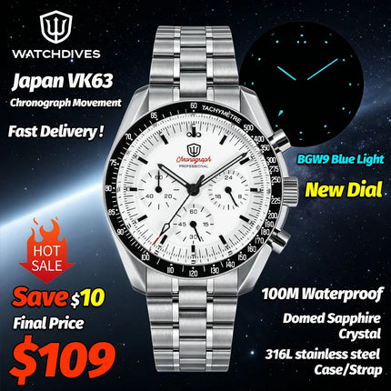 Watchdives WD1860 Sports Chronograph Watches VK63 Quartz Wristwatch Ar Sapphire Bgw9 Stainless Steel 200M Waterproof 40Mm Watch